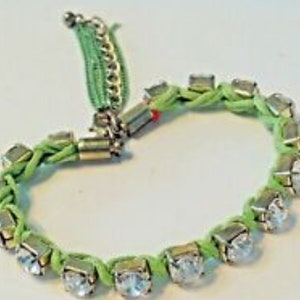 Bracelet Lime Green Woven Cloth Strands With Clear Crystal Rhinestones Vintage