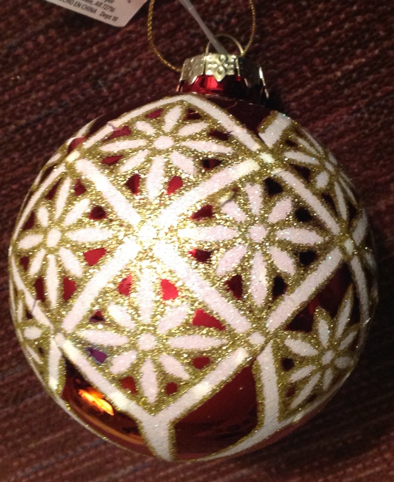 Christmas Ornament Ball Red Glass Glittery Ribbons Snowflakes