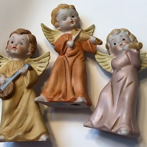 HOMCO Figurine Set 3 Christmas Angels Playing Musical Instruments 5400 Bisque