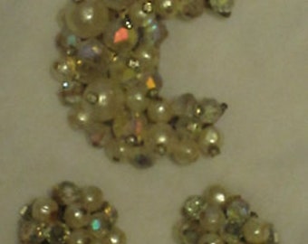 Vintage Pin Brooch & Clip Earrings Rhinestone Pearl Crescent Moon