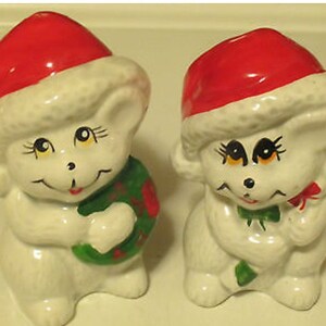 Salt and Pepper Shakers Christmas Mice Wearing Santa Claus Hats Porcelain