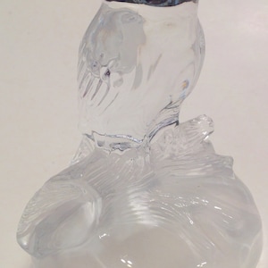 Figurine Glass Owl Paperweight Heavy Clear Frosted Satin Glass Sitting on Log