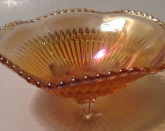 Carnival Glass Indiana Bowl Marigold Ribbed Iridescent Scalloped Rim Vintage