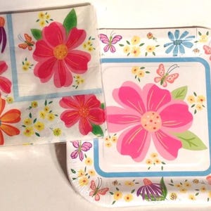 Pink Floral Paper Plates & Napkins Festive Party Set 9” New