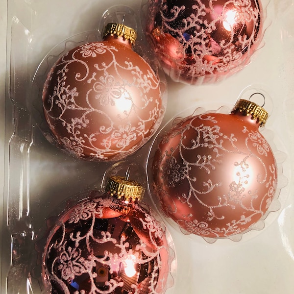 Krebs Christmas Ornament Set 4 Glittery White Frost Pattern Pink Glass Balls