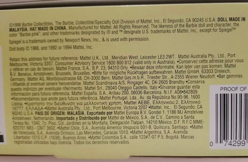 May include: A close-up of a product label with text from Mattel, Inc. The label includes copyright information, manufacturing details, and addresses for future reference. The text is in English and other languages.