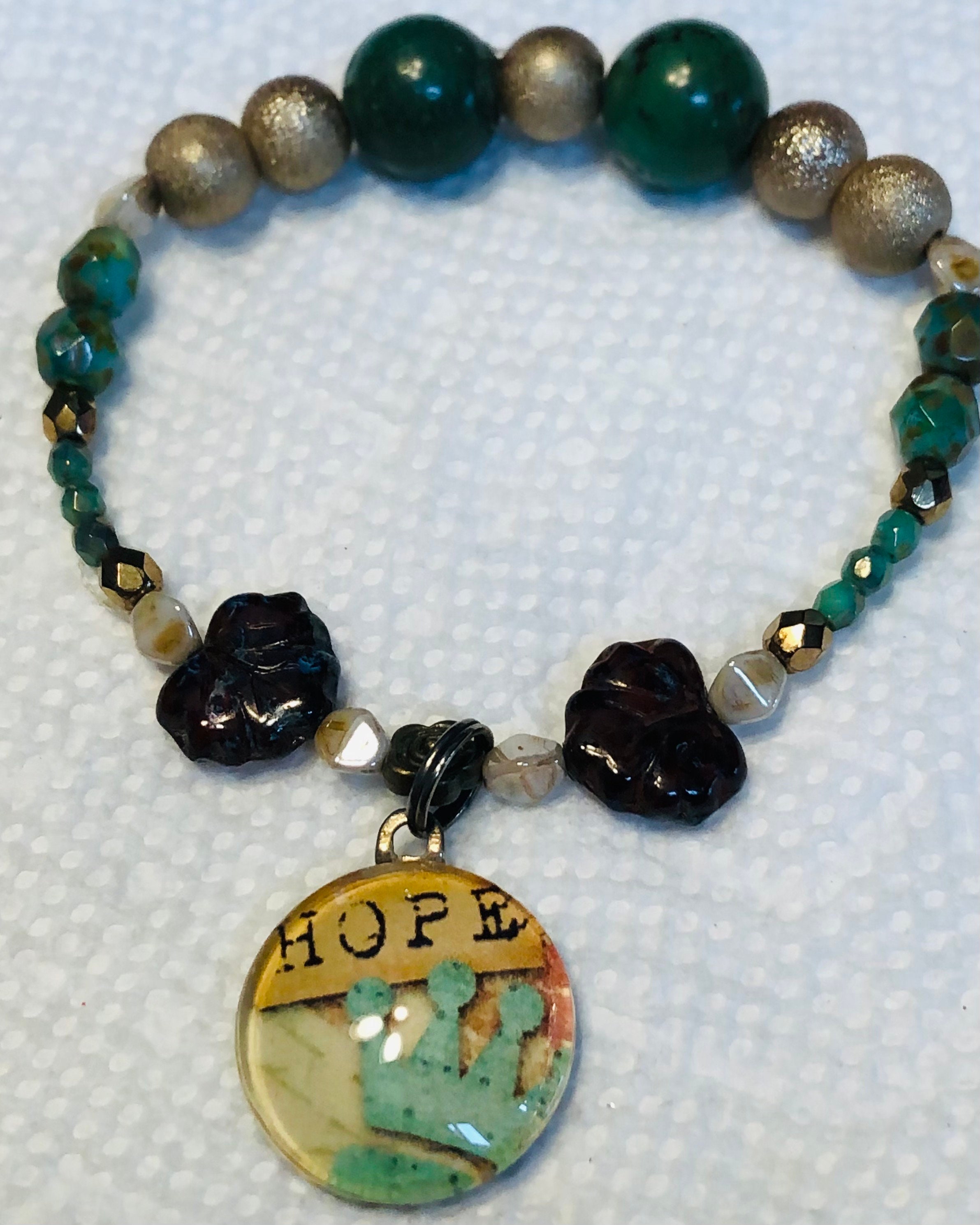 Hand Crafted Bracelet Hope Charm Marble Green Gold Black Glass Beads Stretch #20
