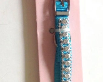 Armadio per animali domestici Collare per cani gatto strass blu Nylon Piccole razze 12 pollici Vintage Hollywood
