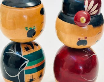 Vintage Japanese Wooden Kokeshi Dolls  Hand-Painted set 2 Man Woman Bobble Head