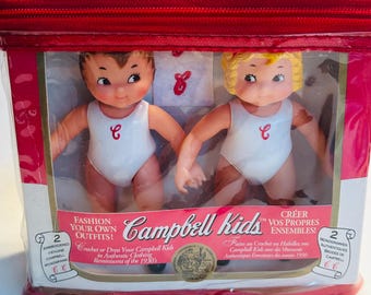 Campbell Soup Kids Girl and Boy Vinyl Dolls in Plastic Zipper Case