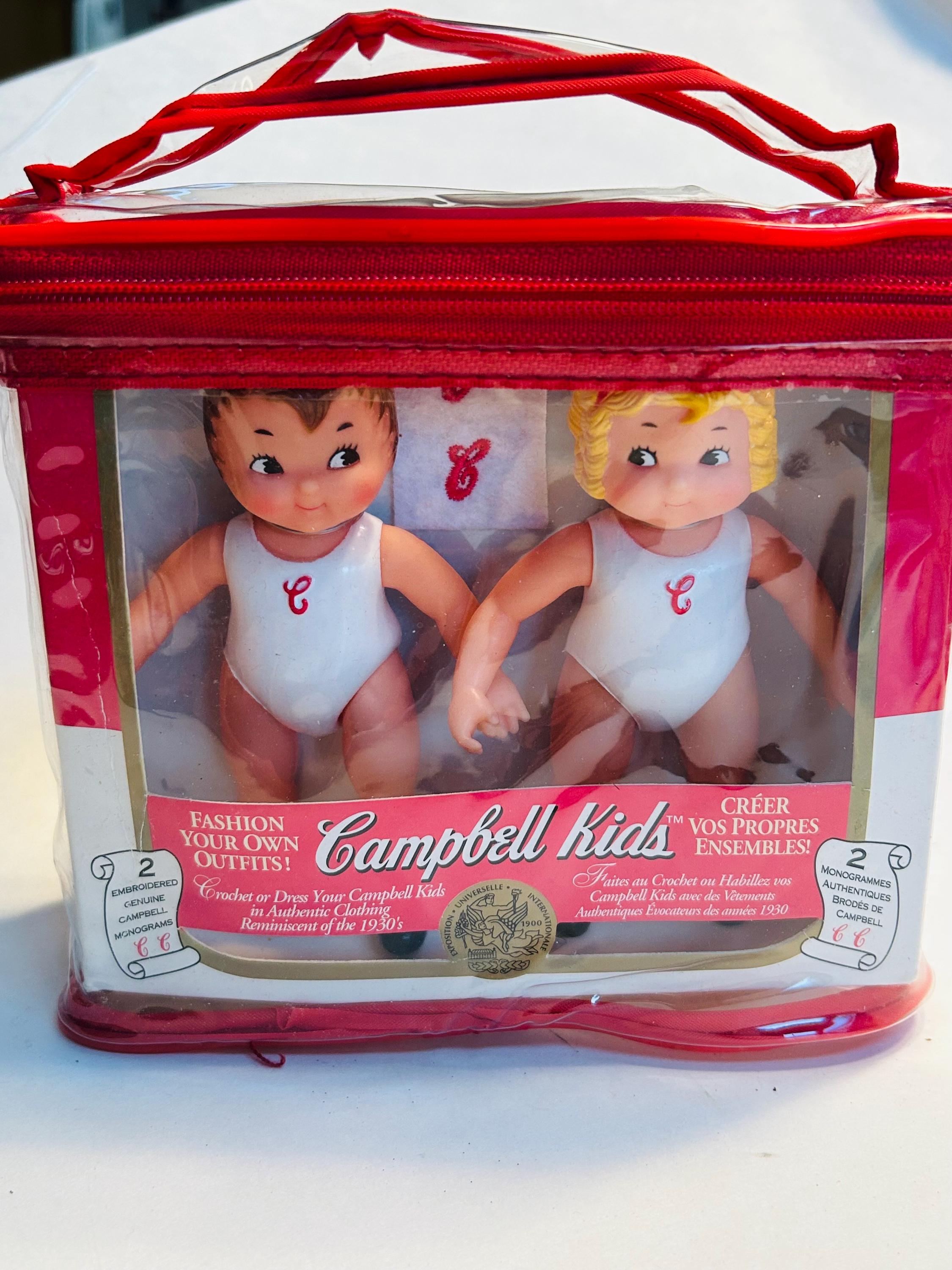Campbell Soup Kids Girl and Boy Vinyl Dolls in Plastic Zipper Case