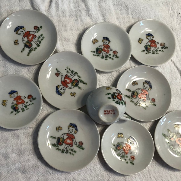 Japan Porcelain 1960s Doll Child Dishes Girl Flowers Plates Cup Vintage 10 pc