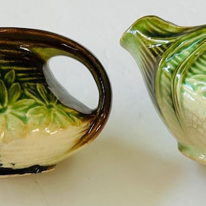 McCoy Pottery Sugar & Creamer Green Brown Daisy Pattern Vintage 1940s