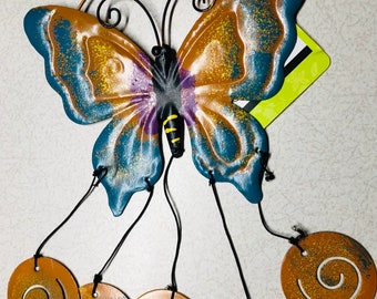 Hand Decorated Butterfly Orange Blue Painted Metal Wind Chime 12" Long