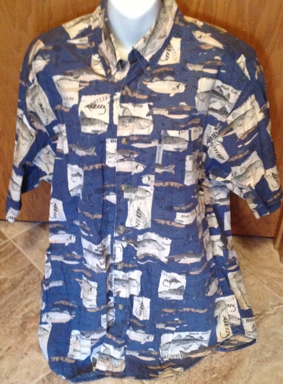 Columbia Camp Shirt Mens Size L Fly Fishing Pattern Blue Beige 