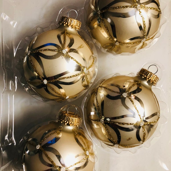 Krebs Christmas Ornament Set 4 Elegant Glittery Ribbons Gold Glass Balls