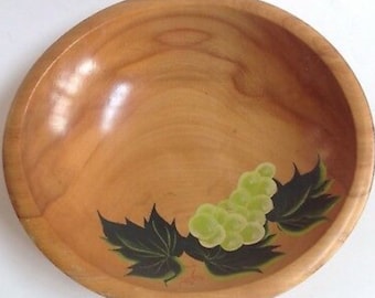 Wood Bowl 11" Handpainted Grapes Vintage Primitive