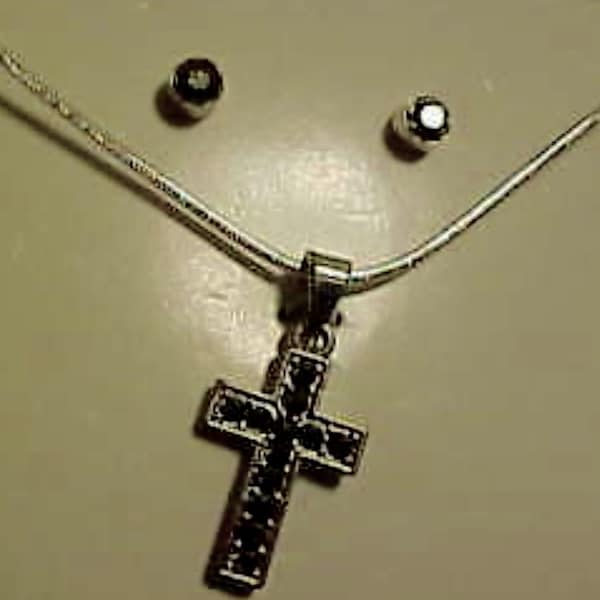 Crucifix Cross Necklace & Pierced Earrings Boxed Set Silver Marcasite Stones