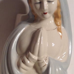 Madonna Virgin Mary Blue Veil Japan Porcelain Planter Pot Vintage 7&quot; Lady Head Vase