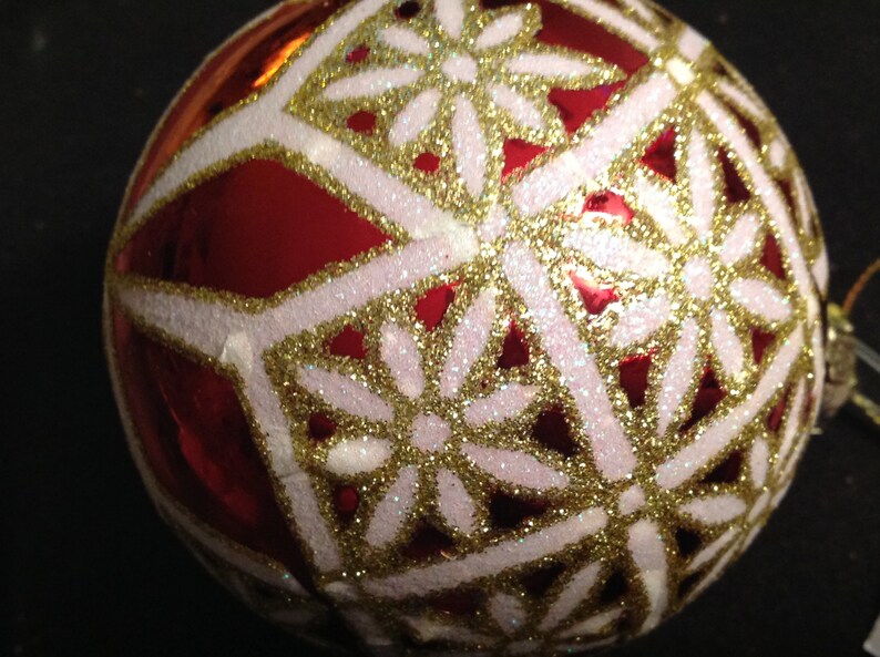 Christmas Ornament Ball Red Glass Glittery Ribbons Snowflakes