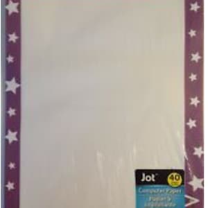 May include: A pack of 40 sheets of computer paper with a purple and red border with white stars. The paper is packaged in a clear plastic wrapper. The Jot brand name is visible on the package.
