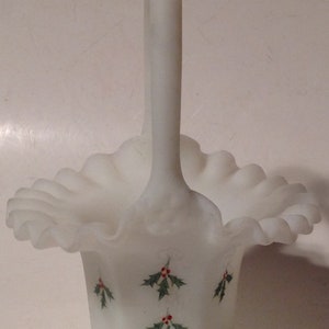 Fenton White Milk Glass Basket Hand-Painted Holly Christmas Decor