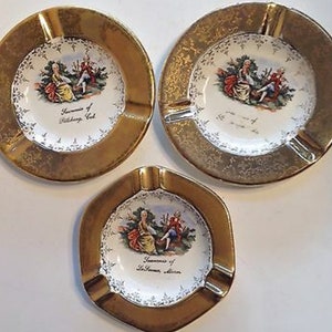 Ashtray Set Victorian Garden Man Woman Scene Souvenir Porcelain 22 K Gold