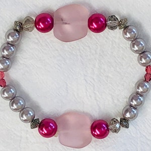 Artisan Bracelet Pink Shimmer & Satin Glass Beads Stretch Handmade #11