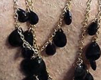 Necklace Black Teardrops 3 Strand Gold Chain Vintage