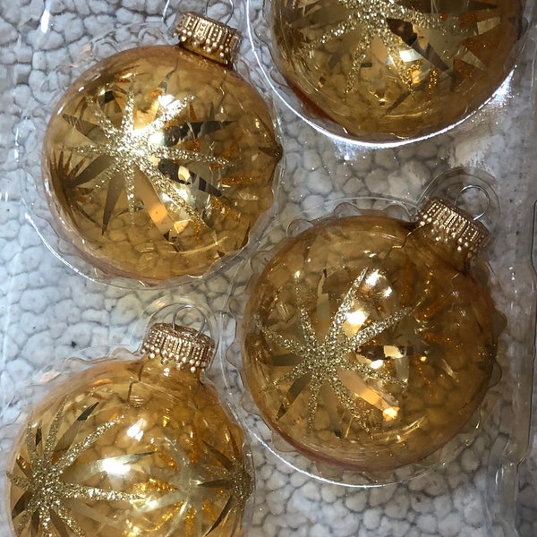 Krebs Christmas Ornament Set 4 Glittery Gold Star Glass Balls
