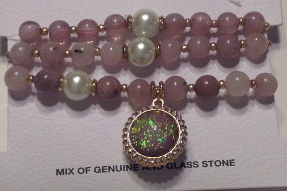 Bracelet Beaded Tan White Pearl Glass & Stone Bea… - image 1