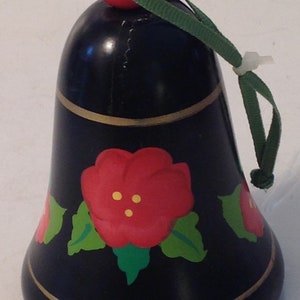 Christmas Ornament Wooden Black Poinsettia Bell