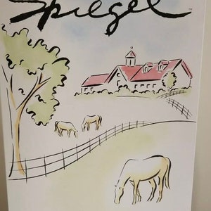 May include: A limited edition Barbie box with a pastoral scene. The illustration features a farm with horses grazing in a field, a farmhouse, and the text "Spiegel" and "Winner's Circle Barbie".