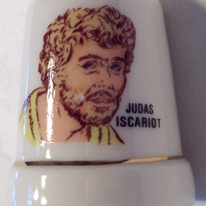 Porcelain Dimpled Sewing Thimble Judas  Escariot Bible Religious Vintage