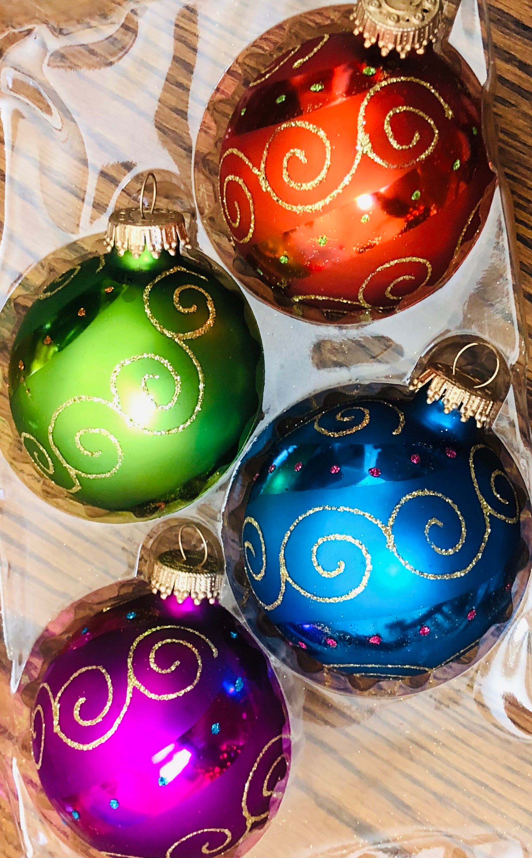 Krebs Christmas Ornament Set 4 Glittery Red Pink Blue Green Glass