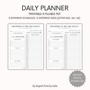 Daily Hourly Planner, Fillable Daily Hourly Planner Printable, Productivity Planner, Personal Tasks, Undated Planner, Daily Planner Insert