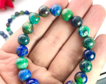 Natural Azurite Malachite Round Beaded Bracelet Blue Green  Azurite Malchite Stone jewelry Bracelet