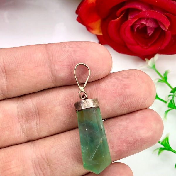 Natural Green Flourite crystal point with 925 silver Real Pendant Necklace of Flourite Stone