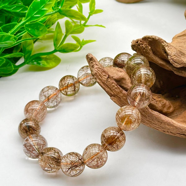 Copper Rutail Quartz Beaded Bracelet | Natural Brown Rutailated Quartz Round Bead bracelet AAA quality Rutailated Quartz 8 mm 10 mm 12 mm