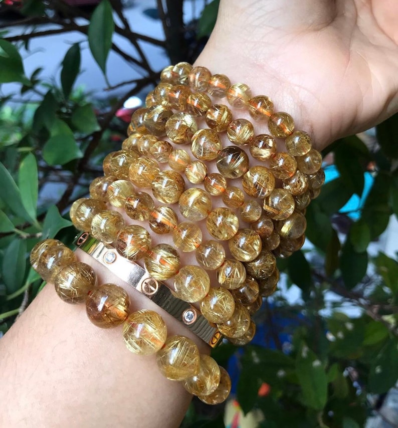 Natural Golden Rutilated Quartz Round Beaded Bracelet for Men and women available in 6 mm 8 mm 10 mm 12 mm image 2