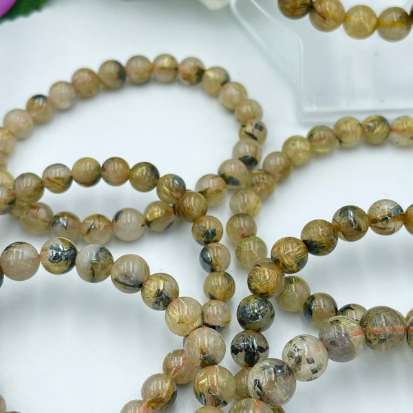 Perles de quartz à queue d’or avec bracelets Mica Bracelets naturel à queue de quartz Bracelet perle brésilienne à queue d’or Quartz Stone micro noir
