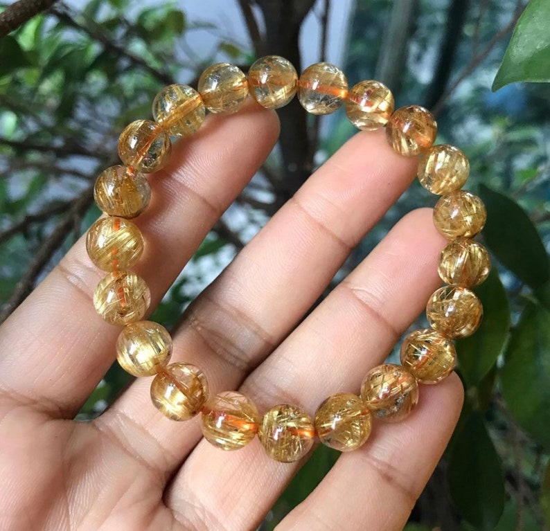 Natural Golden Rutilated Quartz Round Beaded Bracelet for Men and women available in 6 mm 8 mm 10 mm 12 mm image 1