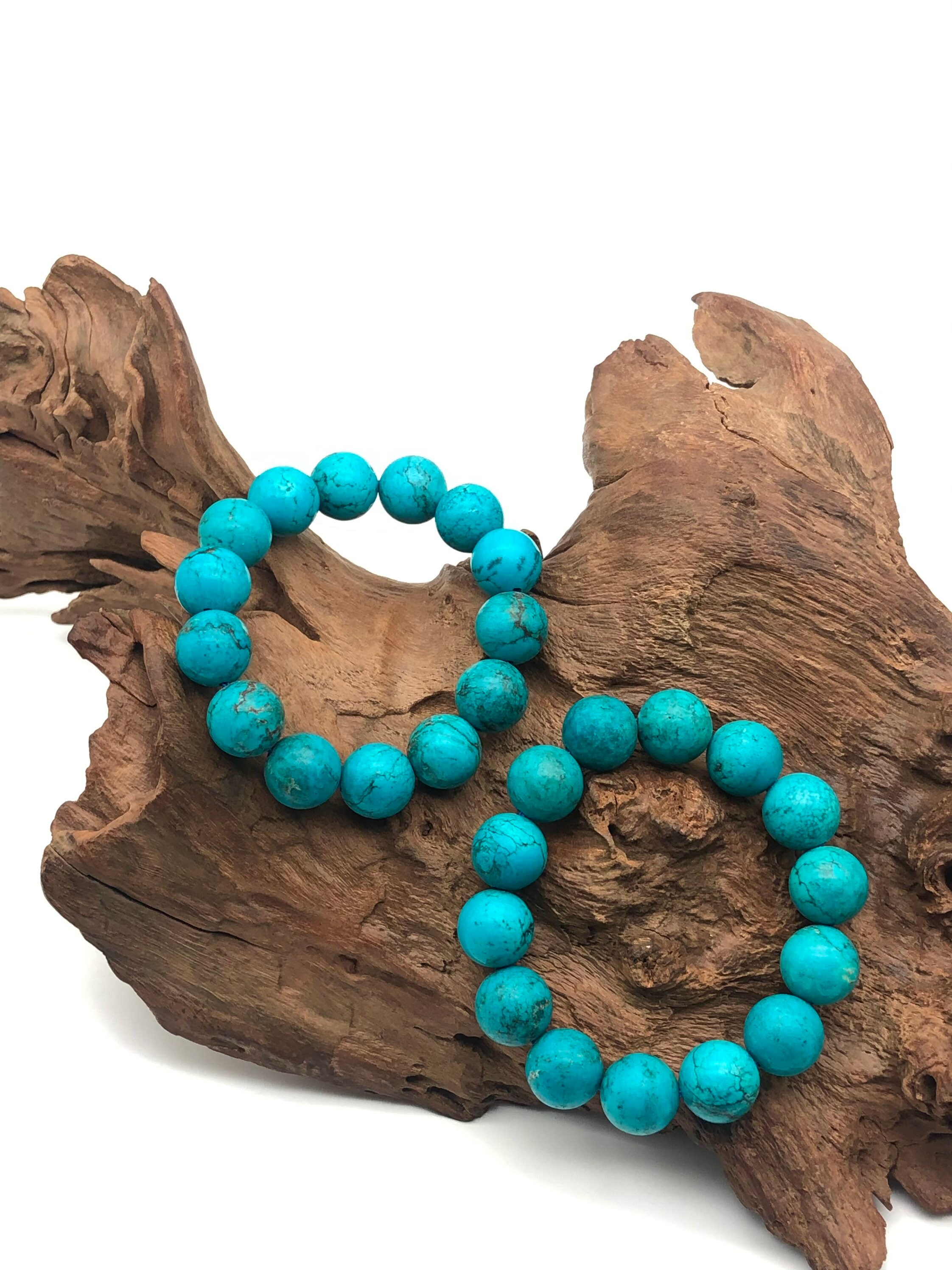 14 Mm Blue Compress Turquoise Round Smooth Beaded Bracelet for Men and ...