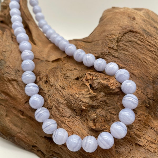 Natural Blue Lace Agate Stone Round Beaded Necklace Disponible en 6 mm 8 mm 10 mm Collier pour hommes et femmes