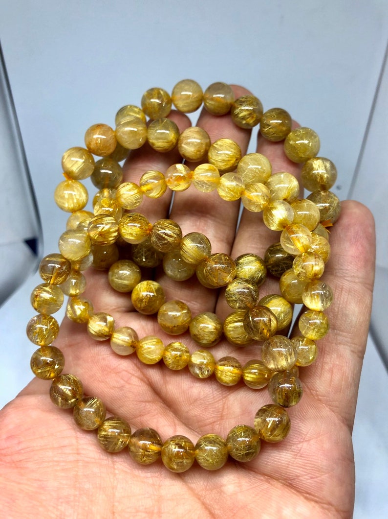 Natural Golden Rutilated Quartz Round Beaded Bracelet for Men and women available in 6 mm 8 mm 10 mm 12 mm image 6