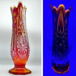 Vtg 10&quot; Indiana Heirloom Amberina Glow Glass Swung Vase Iridescent 8 Finger