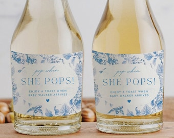 Custom Mini Champagne Labels Digital Download Blue Floral Baby Shower Printable Modern Pop When She Pop Cheer Baby Boy Wine Labels #ELLE