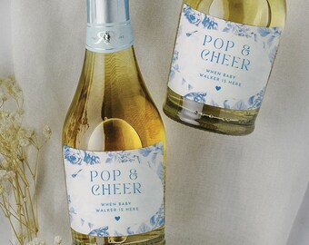 Custom Mini Champagne Labels Digital Download Blue Floral Baby Shower Printable Modern Pop When She Pop Cheer Baby Boy Wine Labels #ELLE