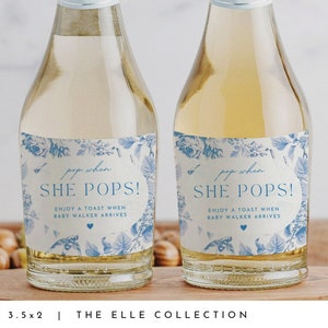 Mini etiquetas de champán personalizadas Descarga digital Azul Floral Baby Shower Imprimible Pop moderno Cuando ella pop Cheer Baby Boy Etiquetas de vino #ELLE