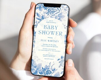 Boy Baby Shower Digital Invitation Blue Floral Baby Shower Evite Text Invitation Phone Invitation Electronic Victorian Baby Boy Invite #ELLE